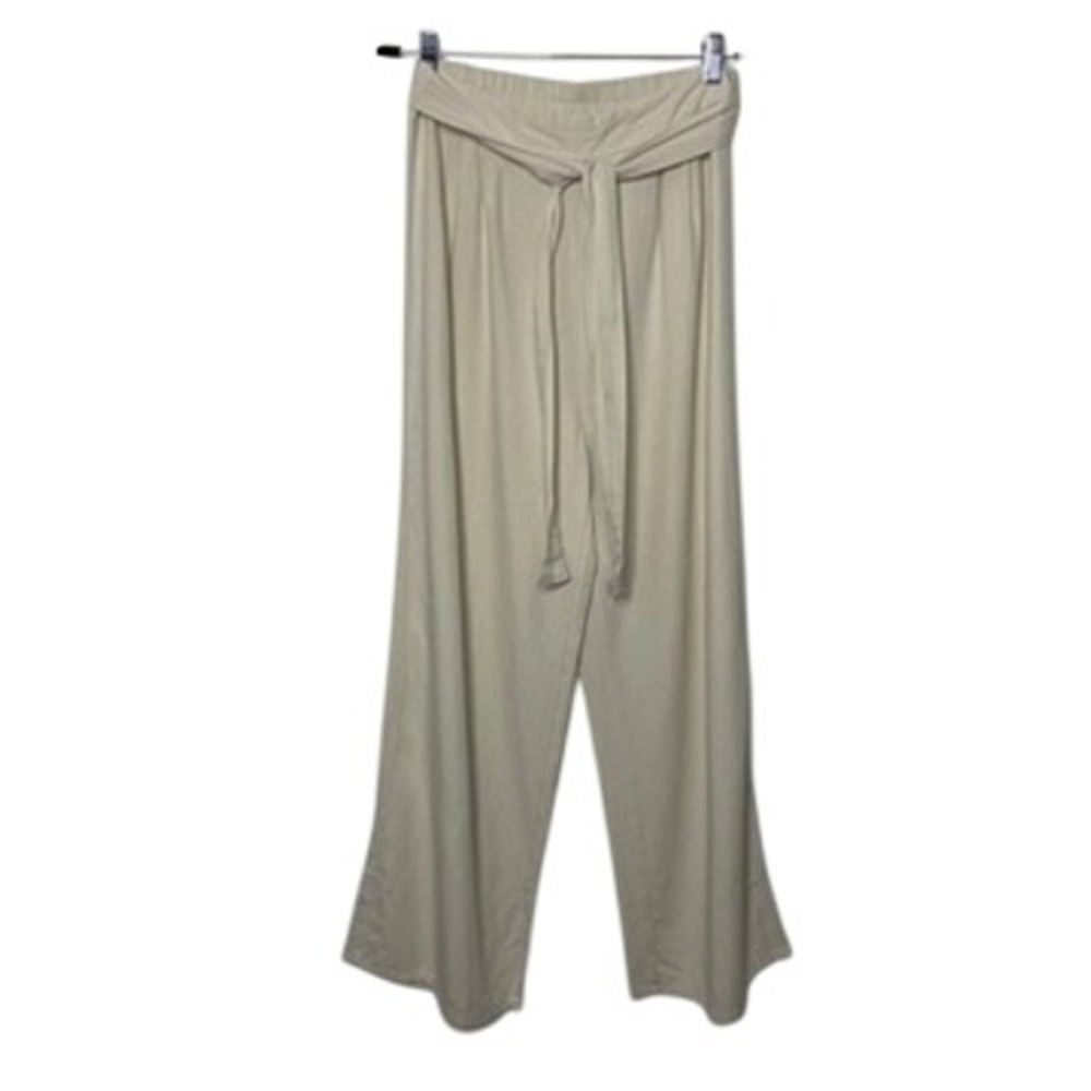 Midnight Sky Wide Leg Pants Women L Beige Linen Blend Tie Casual Minimalist